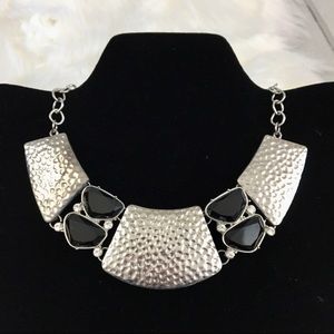 Bib Statement Necklace Hammered Silver Tone Black and Clear Faux Stones